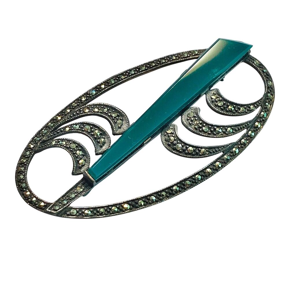 Vintage Art Deco Brooch Green Stone 925 Silver Marcasite Oval Statement Jewelry